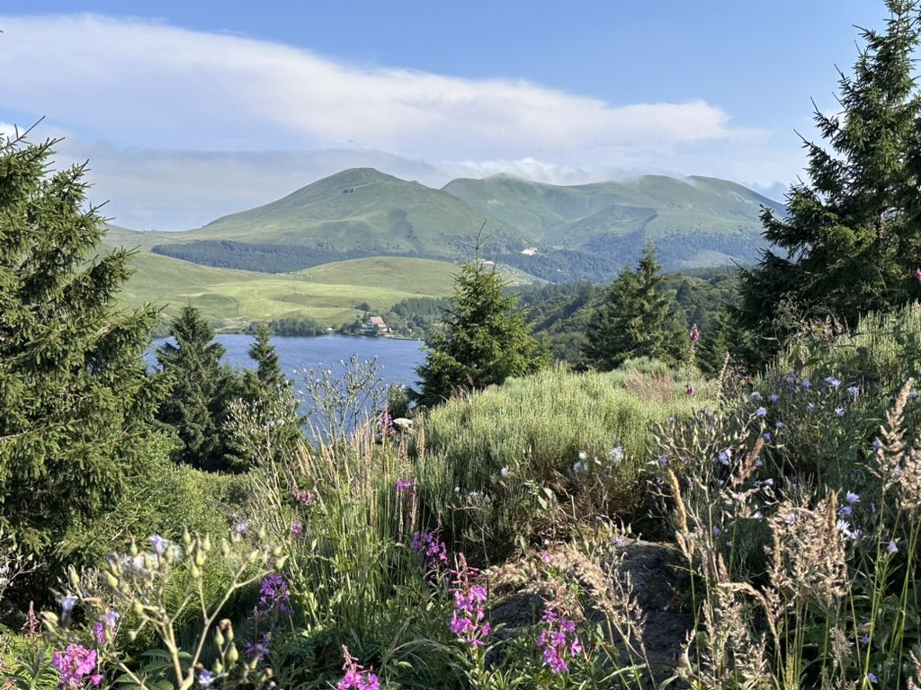 Lac de montagne et prairies fleuries en Auvergne