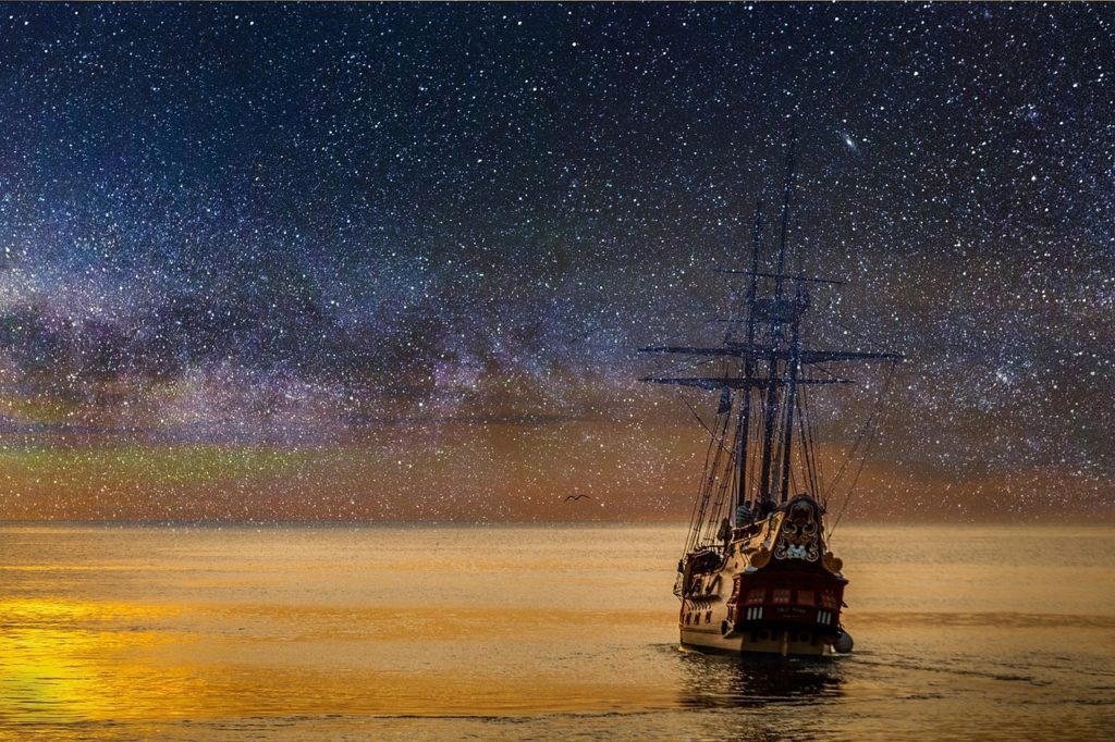 ship, night, stars